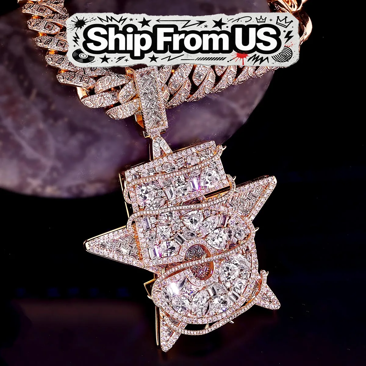 Hip Hop Jewelry Number 5 with Stars Design 3D Pendant Bold Star Shape Charm Necklace Sparkling Iced Out CZ Fully Micro‑Paved Perfect Fine Jewelry For Men Rapper Couples Anniversary Party Daily Gifts 18K Rose Gold Plated Thick Cuban Chain Accessory
