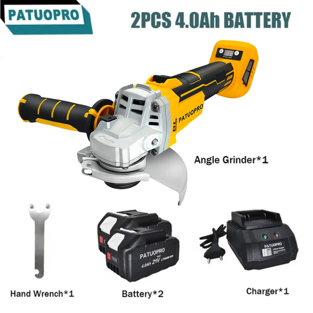 PATUOPRO Brushless Cordless 125mm Angle Grinder M14 Rechargeable Handheld Cutter Machine Speed Power Tool For Makita 18v Battery