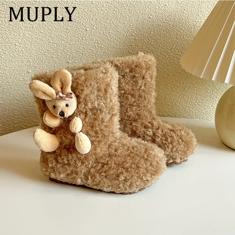 Children Winter Fleece Snow Boots Girls Korean Version Princess Short Boots Girls Warm Plush Upper Cotton Boots Solid Color