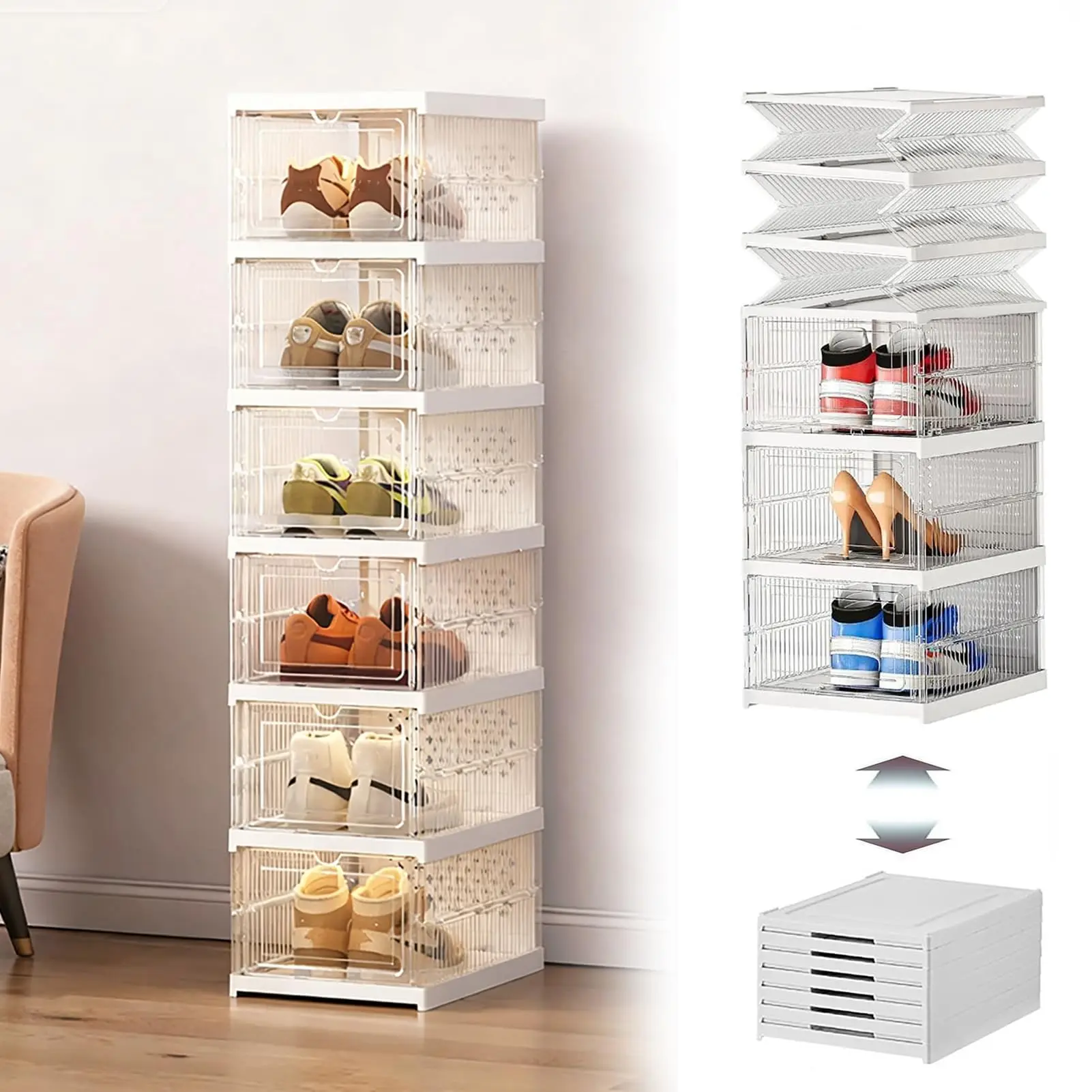 

Clear Stackable Shoe Storage Box,No Assembly,6-Tier Foldable Shoe Storage Bins with Lids,Transparent Free Standing Plastic Dustproof Shoe Containers Bins for Men and Women (Maximum Size 14)