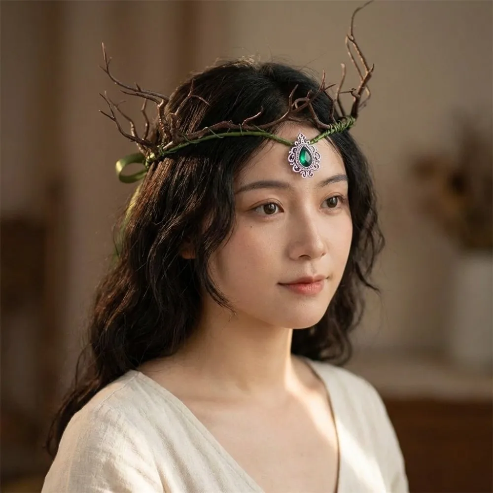 Festival Vine Elven Crown Diadem Rhinestone Decorated Elf Tiara Simulate Tree Leaves Fantasy Fairy Headpiece Forest Wedding