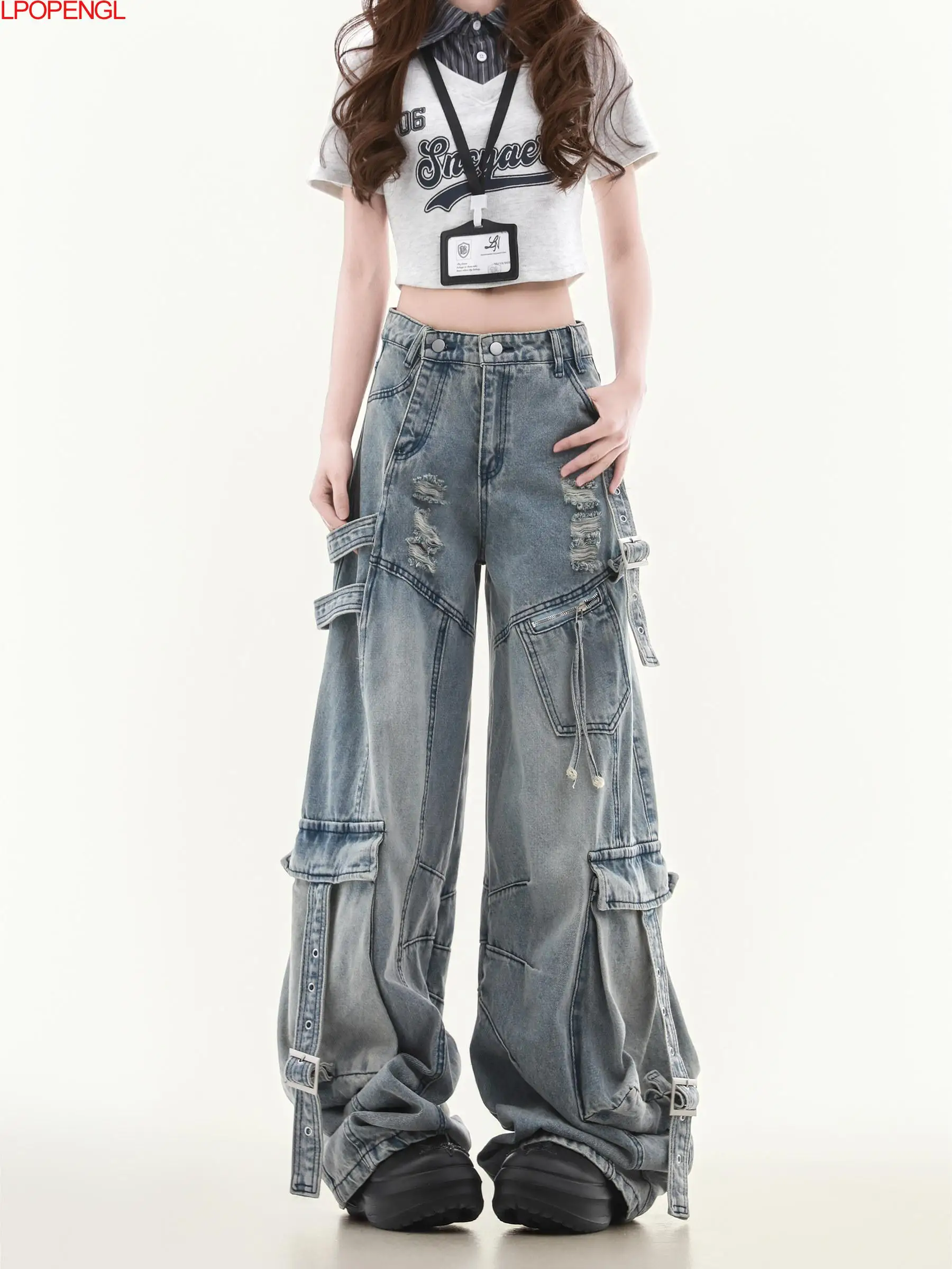Fashion Spring And Summer Multi Pocket Workwear Jeans 2026 New Women Straight Loose Vintage Wide Leg American High Street Pants