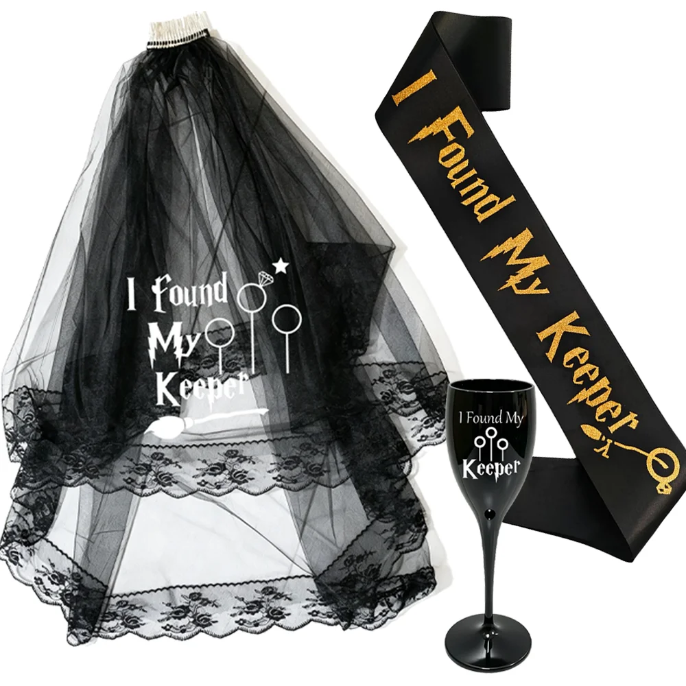 I Found My Keeper Champagne Flutes Veil and Sash Witch Bachelorette Bride To Be Decoration Gothic Wedding Bridal Shower Supplies