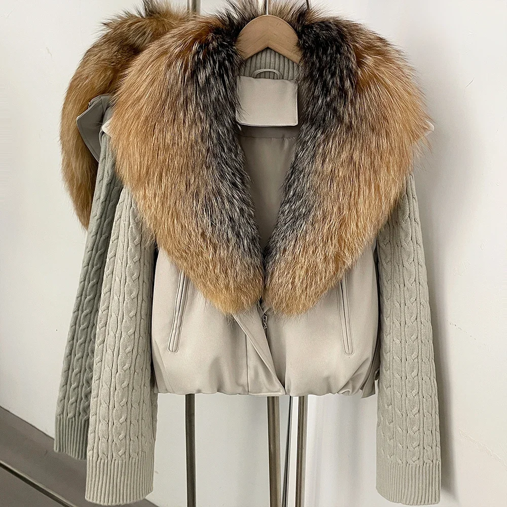 OFTBUY Damen-Pufferjacke mit abnehmbaren Strickärmeln, leichte Daunenjacke mit echtem Fuchspelzkragen, neue Winterkleidung für Damen – Detail 23