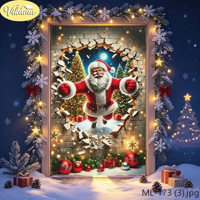 Funny Santa Claus Christmas Door Curtain Breaking Wall Design Hanging Door Cover Xmas Home Decoration Holiday Winter Surprise