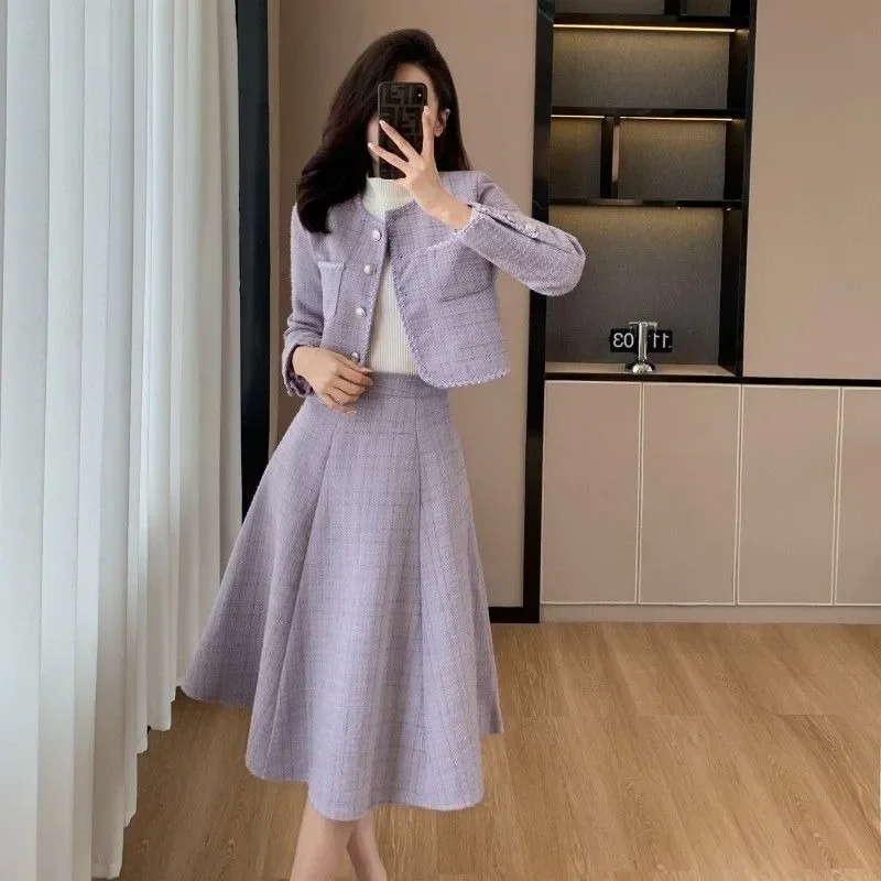 UNXX Small Fragrance Lavender Black Tweed Two Piece Set Women's Short Jacket Coat + Mid Long A Line Skirt Korean Fashion Outfits