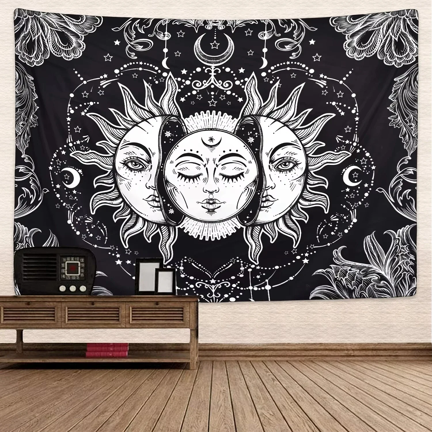 Tapisserie VIKAMA, dieu du soleil et déesse de la lune, noir et blanc, mystique, astrologique, à suspendre, style bohème, décoration murale de chambre à coucher