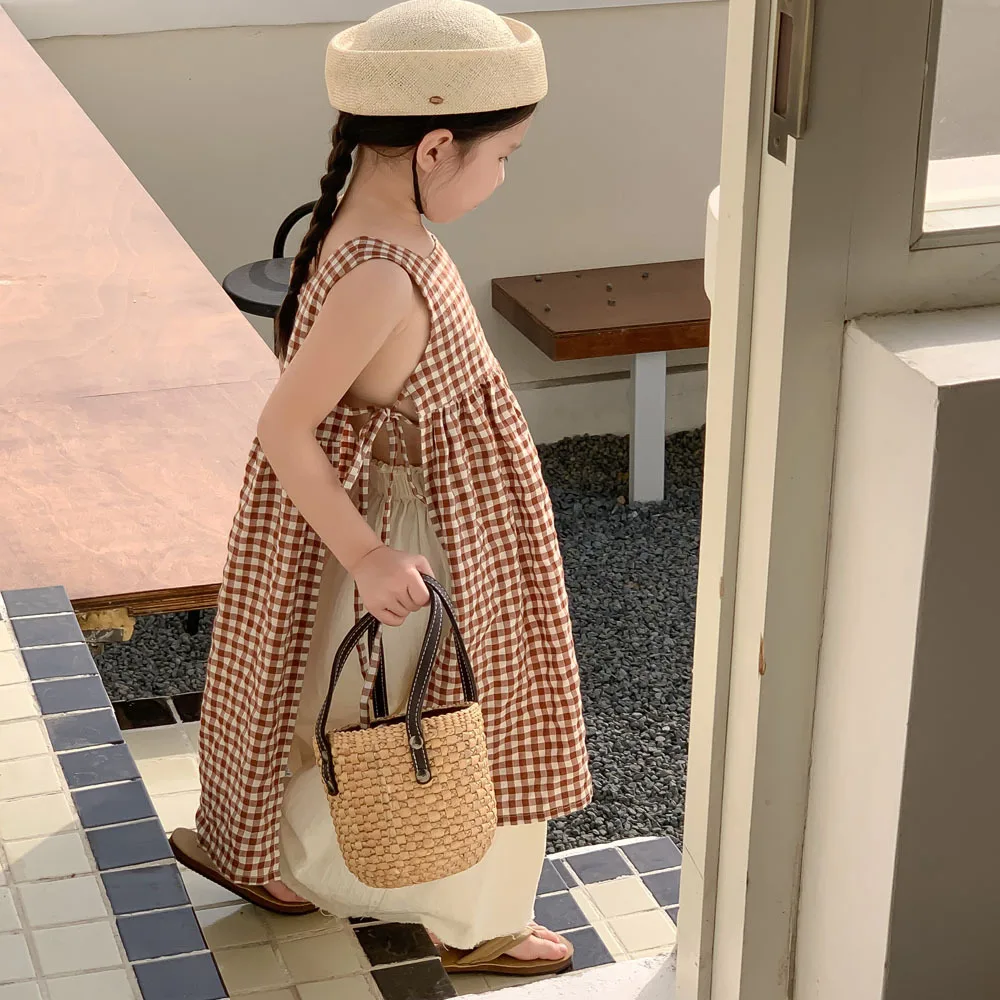

Summer Girls clothes set plaid Suspended Tank Top Dress Kids Girl solid color long style skirts