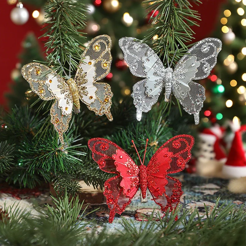 

Christmas Decoration 2025 Glitter Realistic Sparkling Butterfly Ornaments for Home Xmas Tree Navidad Natal Party Decor для дома
