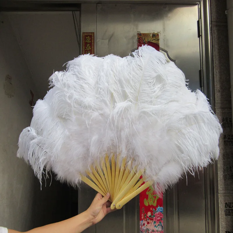 13 Bones Big White Ostrich Feathers Fan with Bamboo Staves for Belly Dance Halloween Party Ornament Decor Necessary,