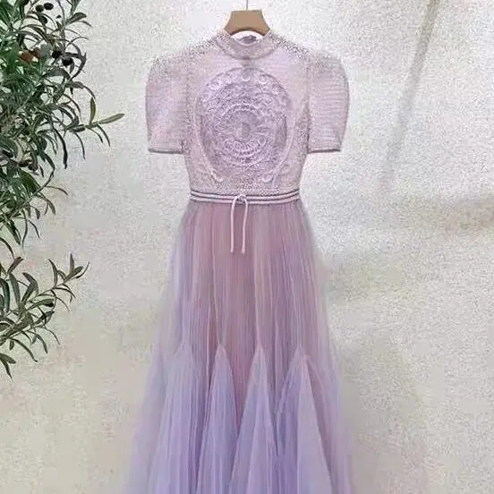 Imagem -02 - Vestido Roxo de Renda Bordado Estilo Real Francês para Mulheres 2024 Primavera Verão Nova Moda em Torno do Pescoço Vestidos Longos de Cintura Alta