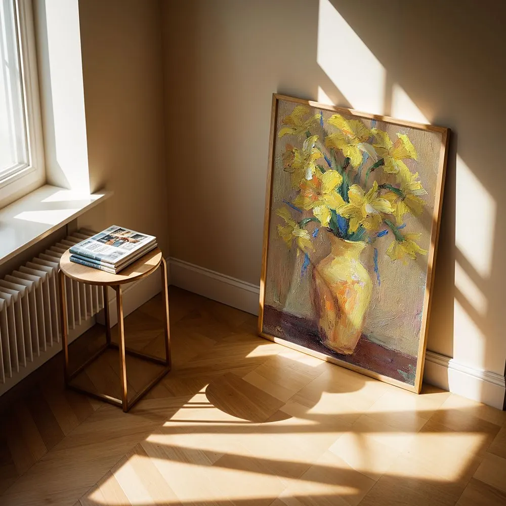 Oil Painting Style Yellow Daffodil Vase Canvas Print Poster, Decorative Wall Art For Living Room Bedroom, Vintage Minimalist Hom