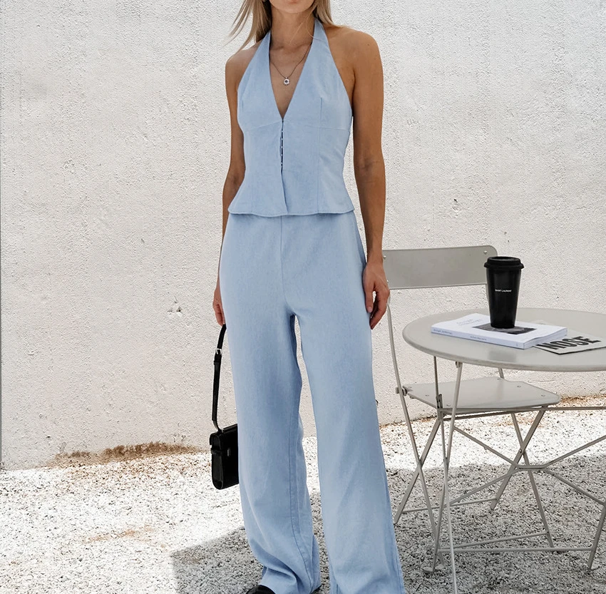

Sexy Elegant Two Piece Set Fashion Casual Solid Cotton and Linen Sleeveless Hanging Neck Top High Waisted Pants Suit 2024 Summer
