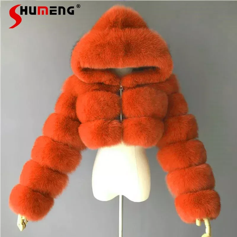 

European and American Orange Imitation Fox Fur Hooded Coats Woman Stitching Long Sleeve Pink Fluffy Jacket Commute Faux Fur Coat