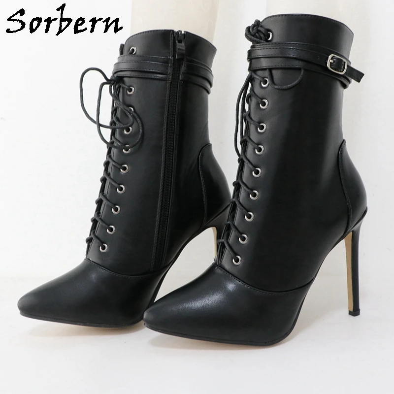 Sorbern Unisex Ankle Boots Pointy Toes Thin High Heel Stilettos Lace Up Buckle Straps Female Booties Multi Colors