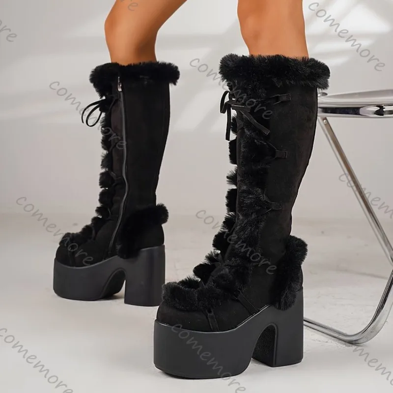 

Comemore Gothic Lolita Ботинки на платформе для женщин Зимние теплые меховые сапоги до колена Suprt Высокие каблуки Замшевые плюшевые длинные зимние сапоги