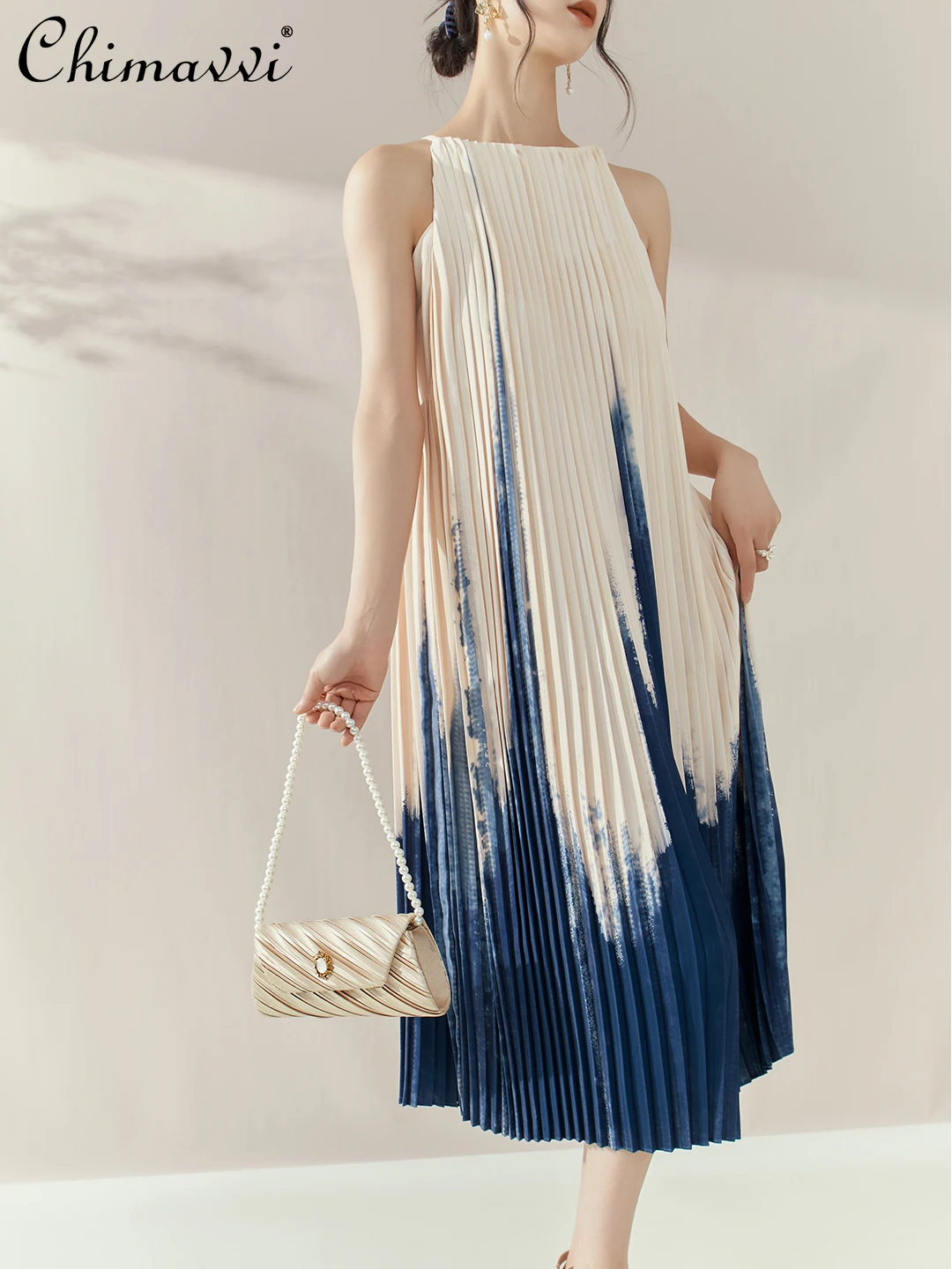 

French Elegant Temperament Socialite Long Dress Sleeveless Off Shoulder Loose Waist A-line Pleated Summer Holiday Dresses Women