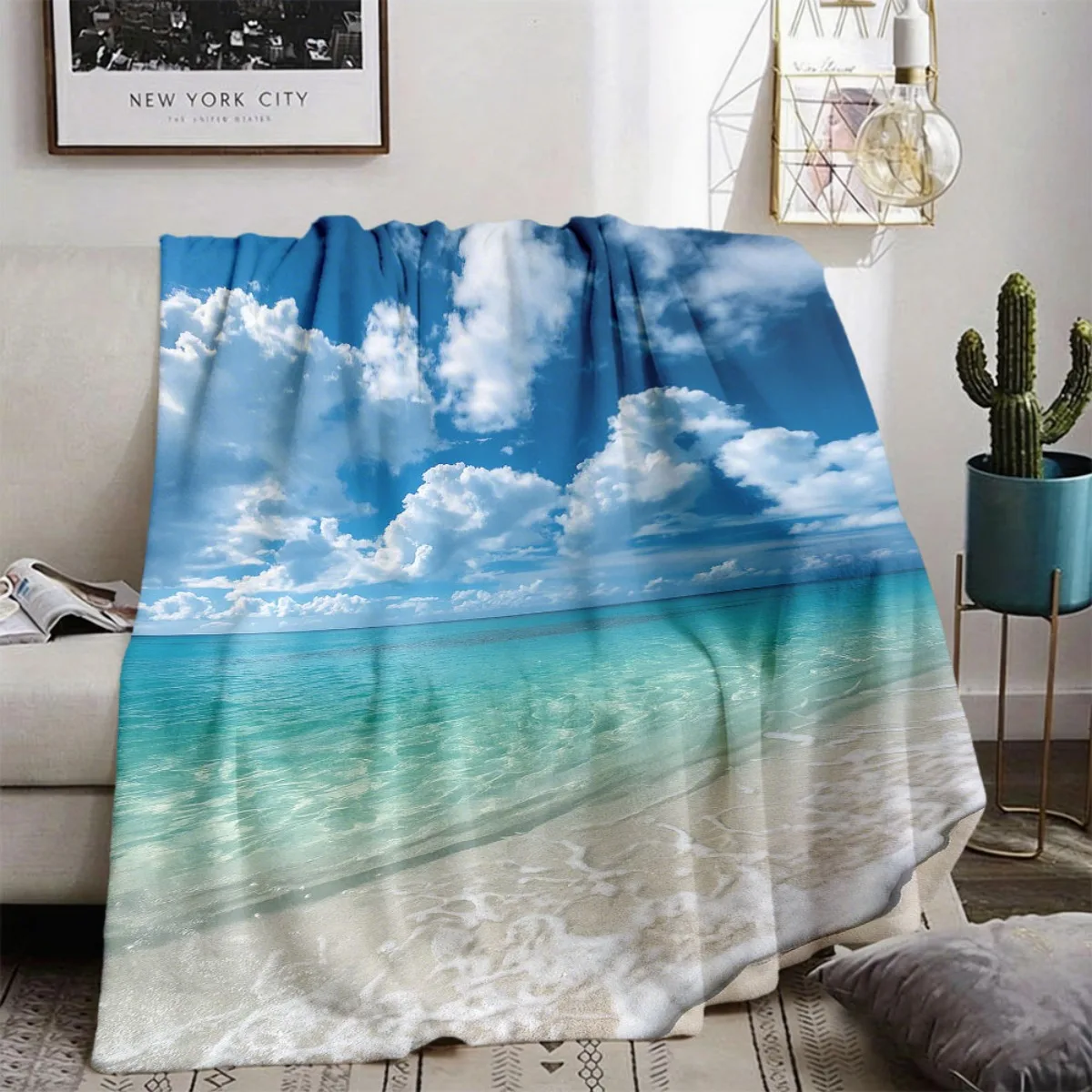 Seaside Beach Ocean View Flannel Blanket, Tropical Coast Seascape Art Throw for Living Room Bedroom & Warm Holiday Gift Picks