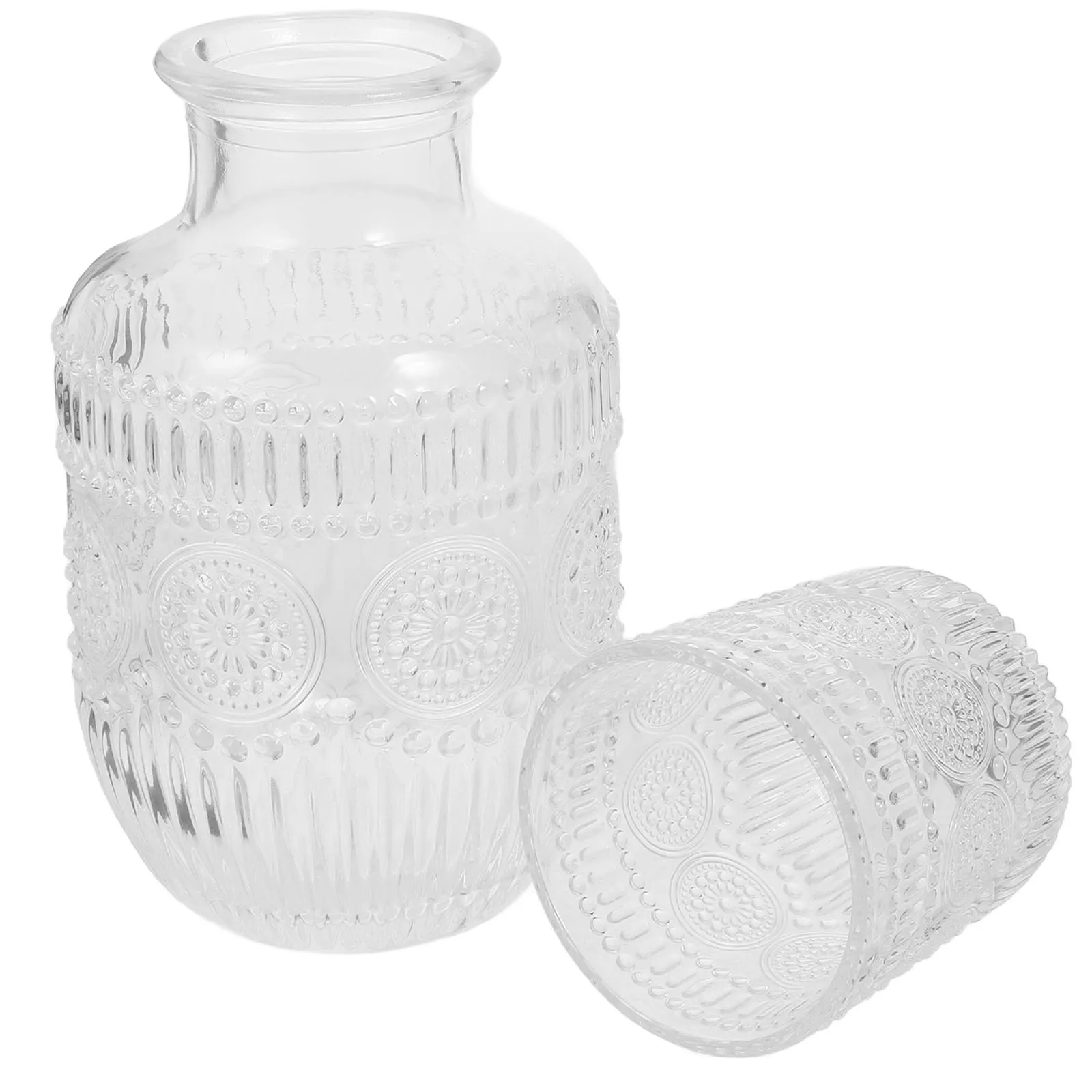 

Embossed Glass Sunflower Water Carafe Set 600ml Carafe 160ml Cup Bedside Nightstand Pitcher Glass Tumbler Lid Cold Beverage