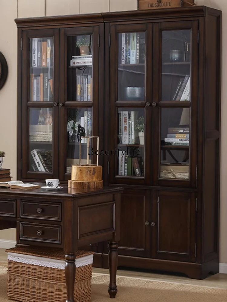 01American solid wood retro bookcase combination black walnut