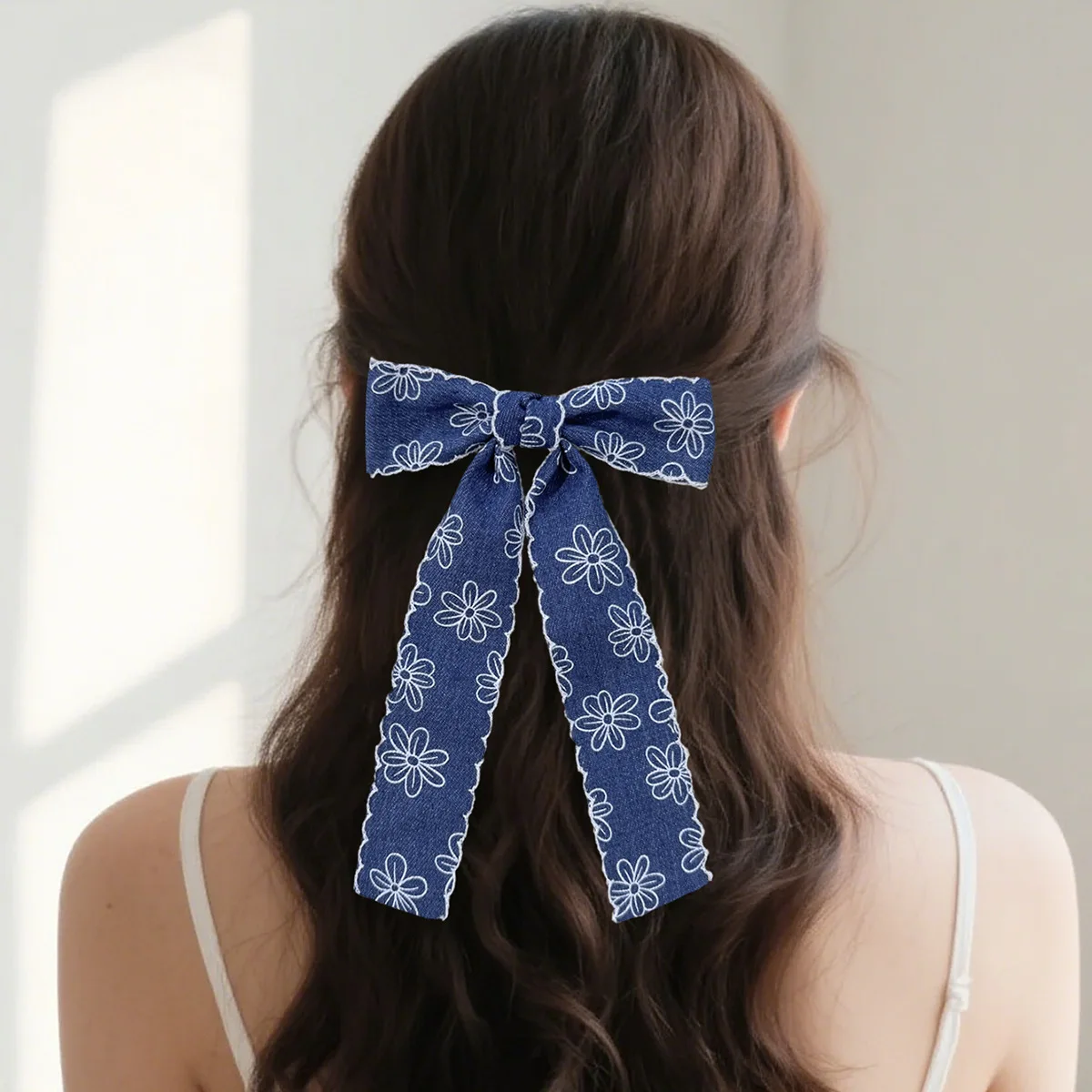 20個-ロット、55インチ-韓国風-花柄-デニム生地-リボン-ヘアクリップ-女性-女の子用-ロングタッセル-ヘアピン-ポニーテールクリップ