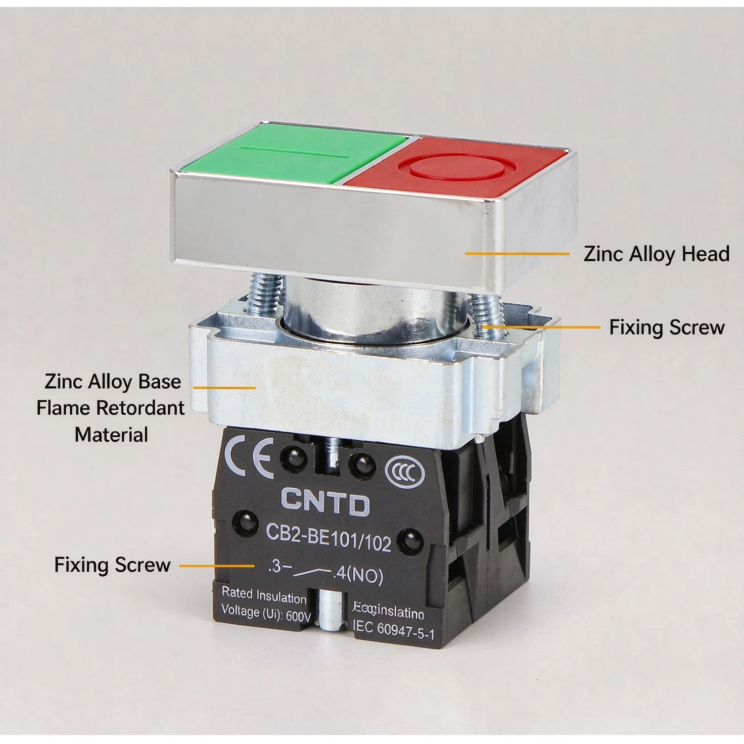 CNTD Push Button Switch CB2-BL8325, 2-Flat Illuminated Push Button Momentary self-Reset NO+NC zinc alloy base mounting hole 22mm