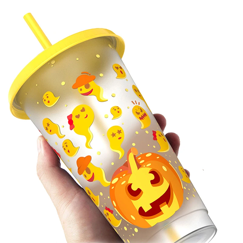 710ml/24oz Color Changing Tumbler With Lid And Straw Cartoon Water Bottle Horror Plastic Halloween Pumpkin Cup Drinkware