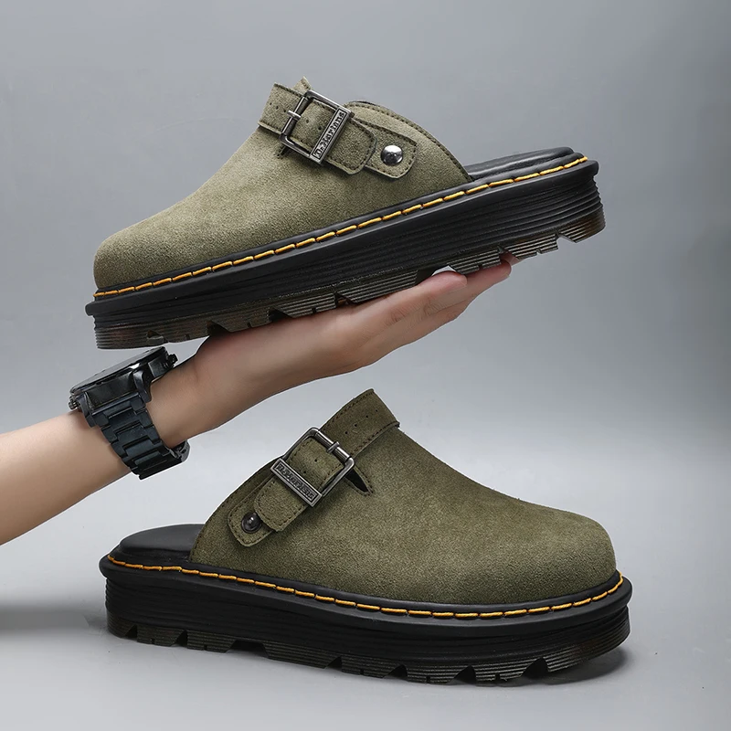 Sandal Pria Fashion Kulit Besar Sandal Kasual Musim Panas Sandal Setengah untuk Pria Anti Selip Sepatu Pantai Sepatu Clogs Klasik