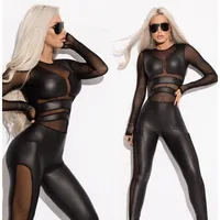 Krisnanas Leather Jumpsuit Split-Joint Mesh O-Neck Wrap Tight Butt Fitting Legging Sportswear Bodysuit Woman Clothes 93128 - Image 4