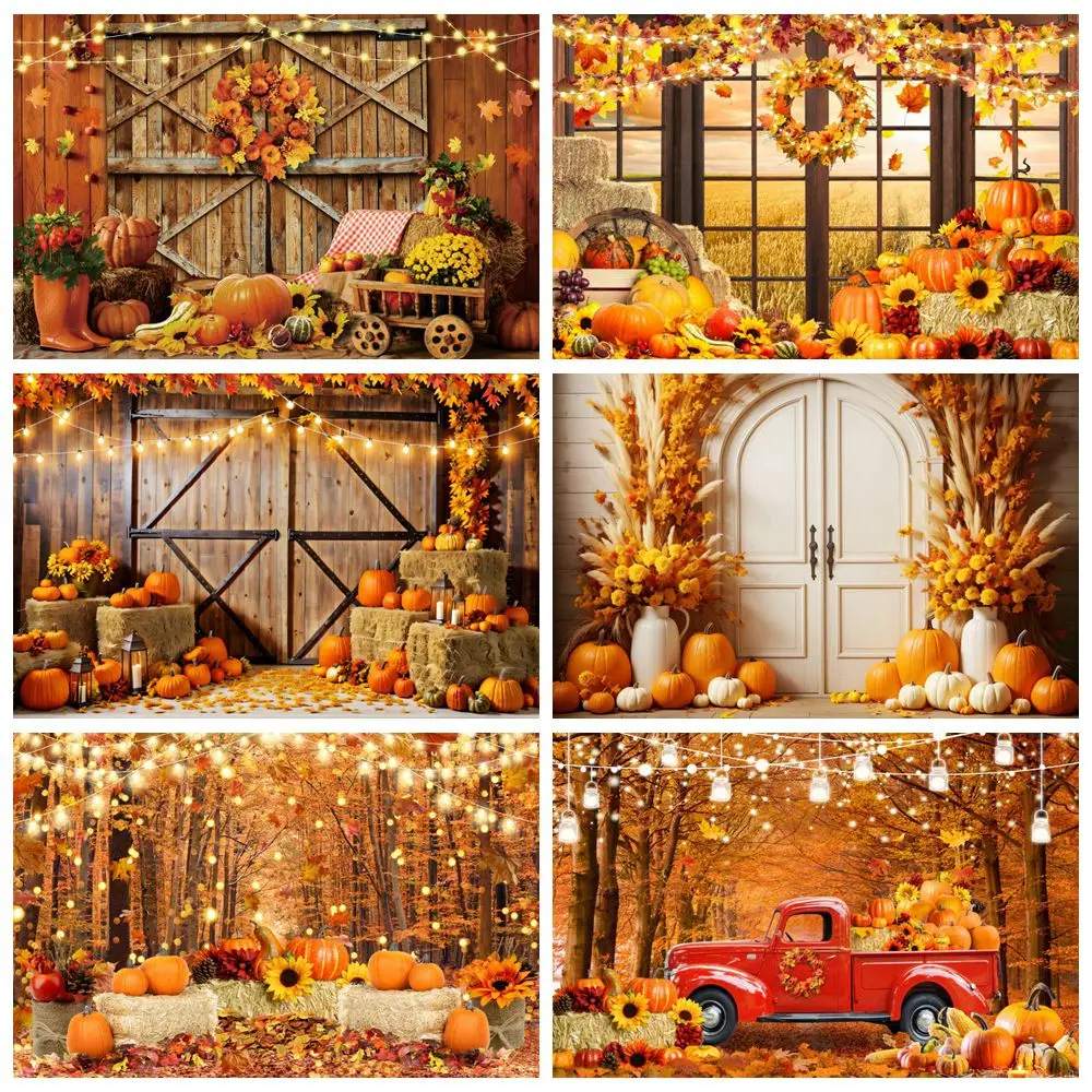 

Autumn Scene Backdrop Maple Leaves Pumpkin Window Barn Door Haystack Fall Baby Shower Kids Portrait Photography Background Decor