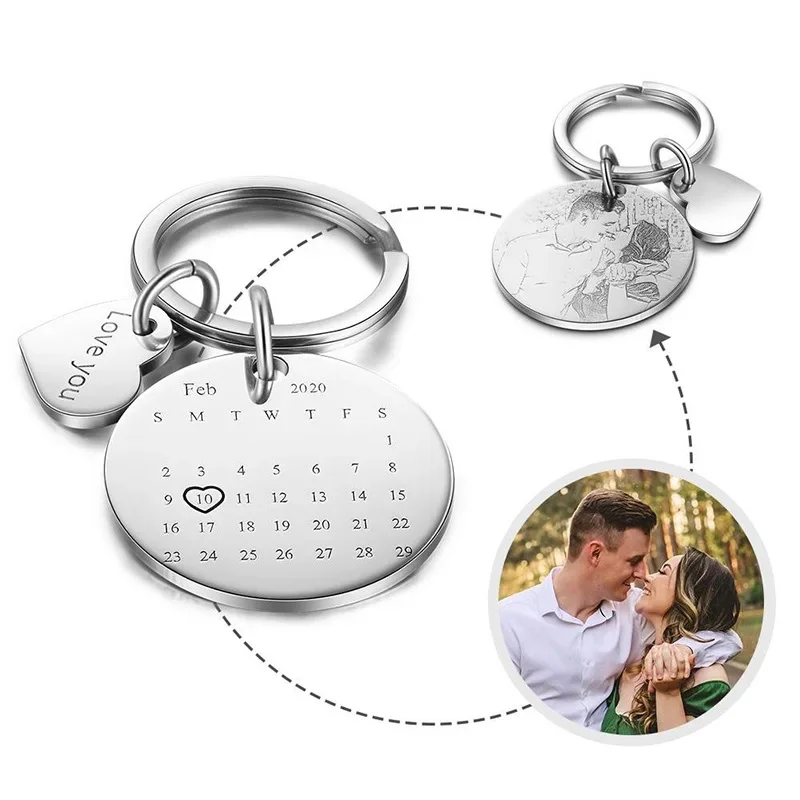 Personalized Stainless Steel Photo Keyrings Custom Engrave Date Calendar Keychains for Lover Husband Anniversary Gift 2023