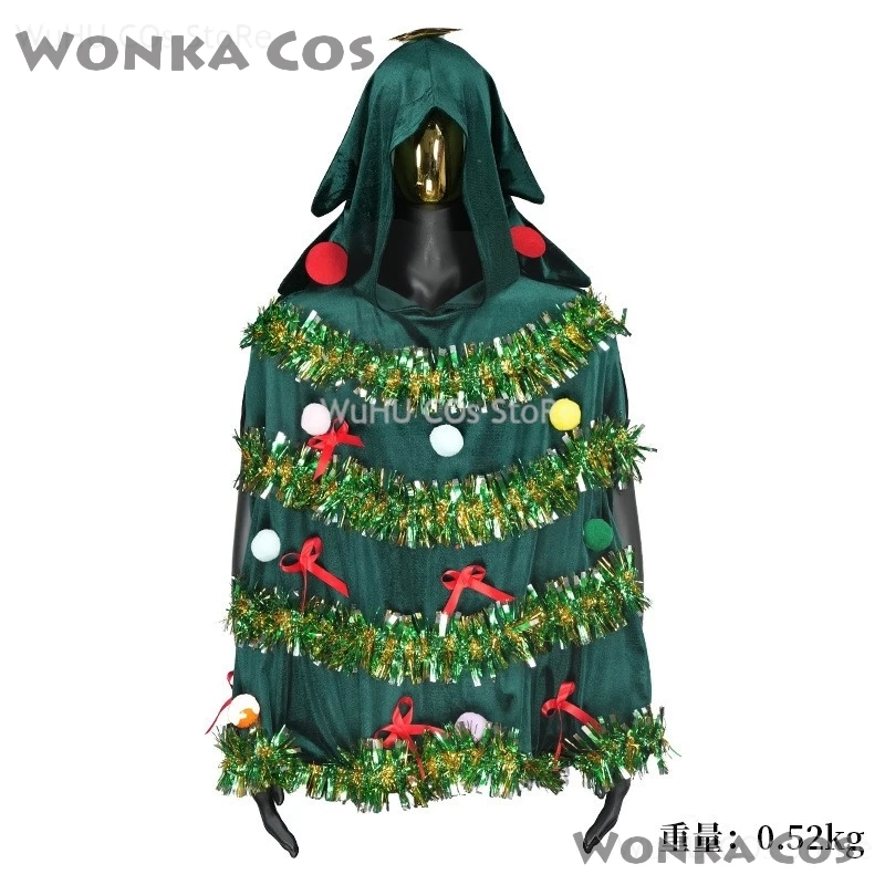 Christmas Tree Poncho Costume Adults Women Men Bow Ball Decor Hooded Cloak Cape Party Prop for Cosplay Party Role-Playing 2024