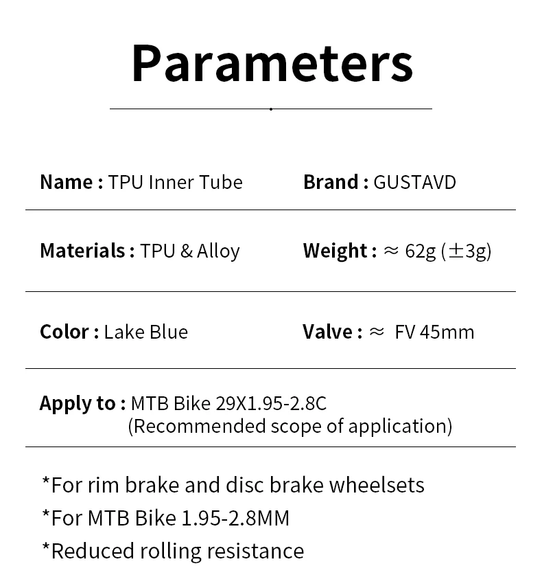 GUSTAVO TPU Ultraleichter MTB-Fahrradschlauch 26/27,5/29 x 1,95–2,8 C Französische Ventillänge 45 mm – Detail 5