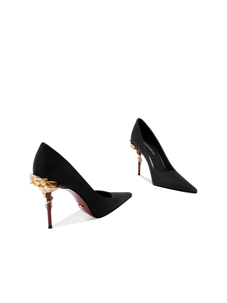 High-heeled autumn new pointed toe shallow suede leather metal flower thin-heeled single shoes banquet dress women's shoes