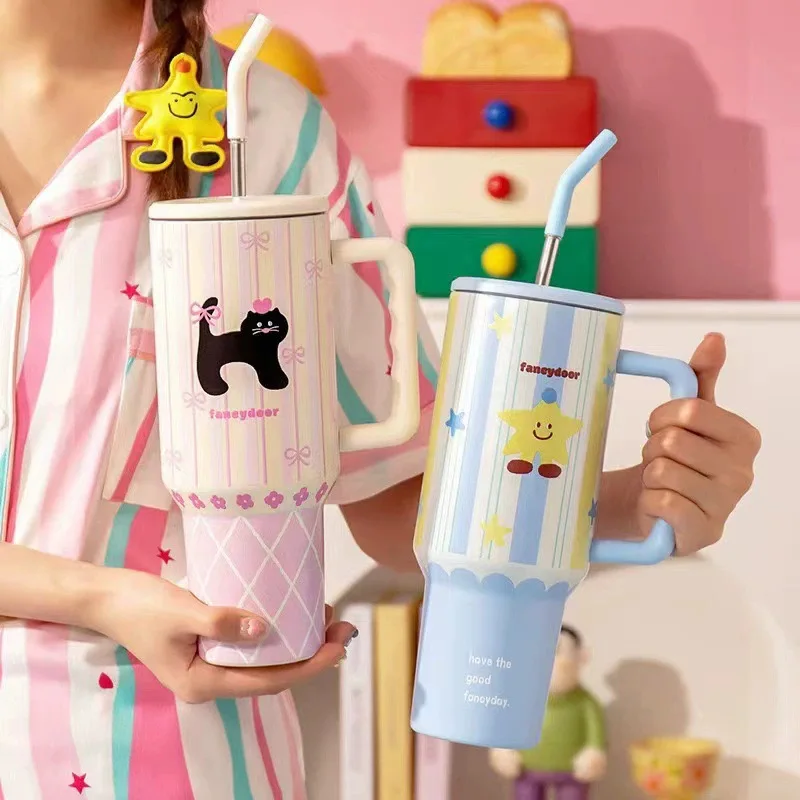 

1200ml New Large Capacity Cartoon Thermal Cup - 304 Stainless Steel Spout Cup with Handle Coffee Cup