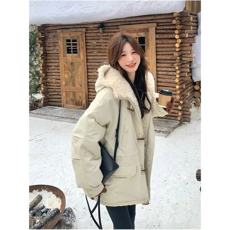 Damen-Winter-Parka-Mantel, Lammfell-gefüttert, mit Kapuze, Baumwolljacke, beige, koreanischer College-Stil, warm, verdickt, 2025, Neuankömmling