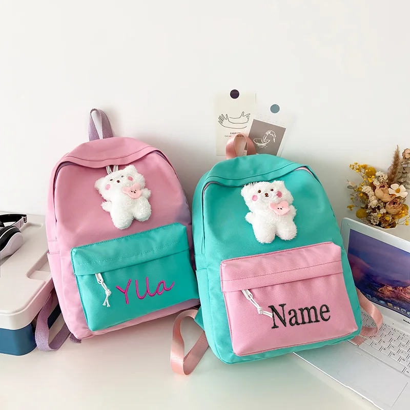 Nouveau sac d'école en nylon, joli sac à dos petit ours pour fille, sac à dos personnalisé avec le nom du campus, sac d'école secondaire et primaire