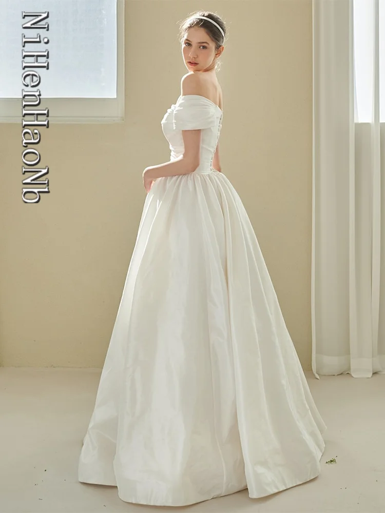 Off-Shoulder Square Neck Backless Sexy A-Line Elegant Short Sleeves Satin Floor Length Wedding Dress Gown Bridal Dress