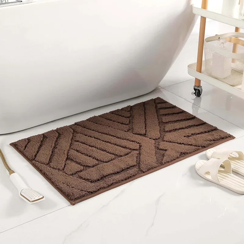 Geometric Flocking Striped Bath Mats, Microfiber Bath Rug, Anti Slip and Absorbent Shower Room Doormat, Washroom Floor Mat