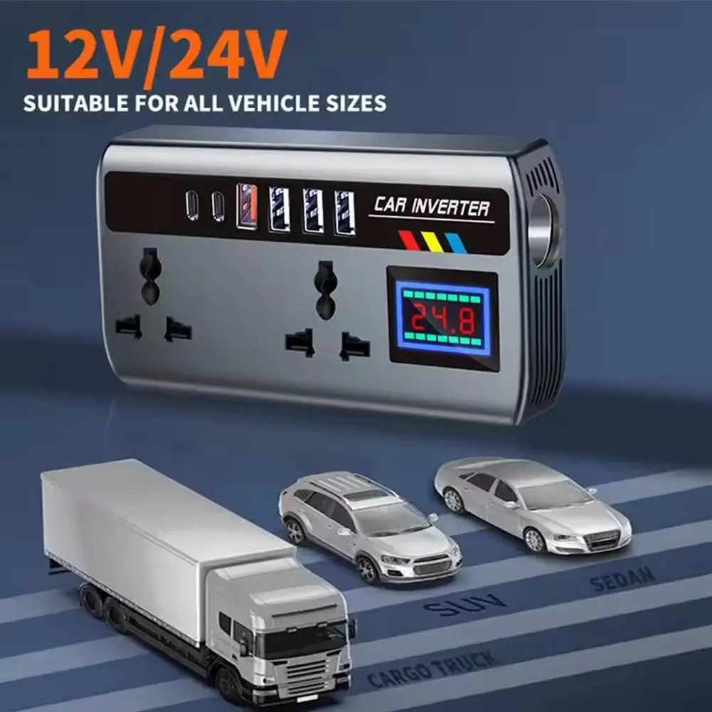 Car Inverter Converter 12V/24V To 220V Fast Charging Ports Portable Automotive Charger Inverter 3 USB Ports Vehicle Inverter