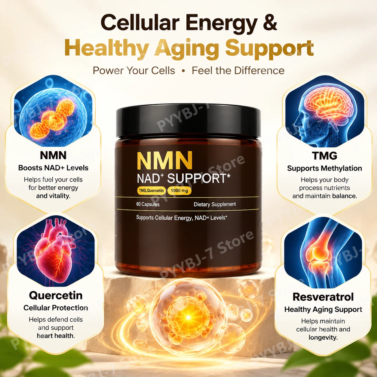NMN Complex Capsules Boost Cellular Energy NAD+ Levels Fight Daily Fatigue, TMG Quercetin Resveratrol Anti-Aging Blend, 60 Count