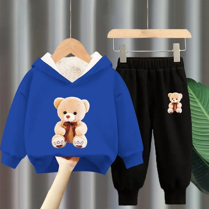 winter Boys Clothes plush warm long sleeve& trousers 2 Pieces Set Teenage Girls & Boys Printed bear hoodies Fashion Casual Top &