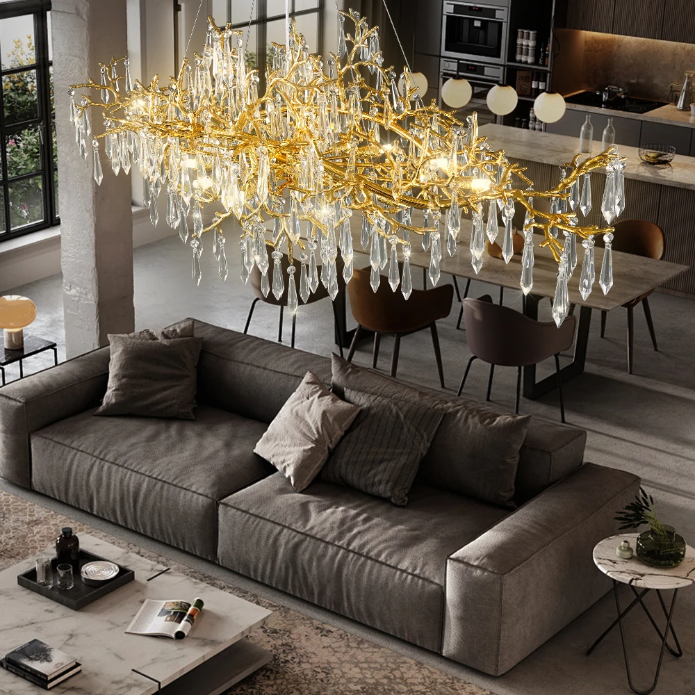 Gold Crystal Chandeliers Luxury Dining Living Room Kitchen Table Tree Branch Crystal Hanging Chandelier Lighting