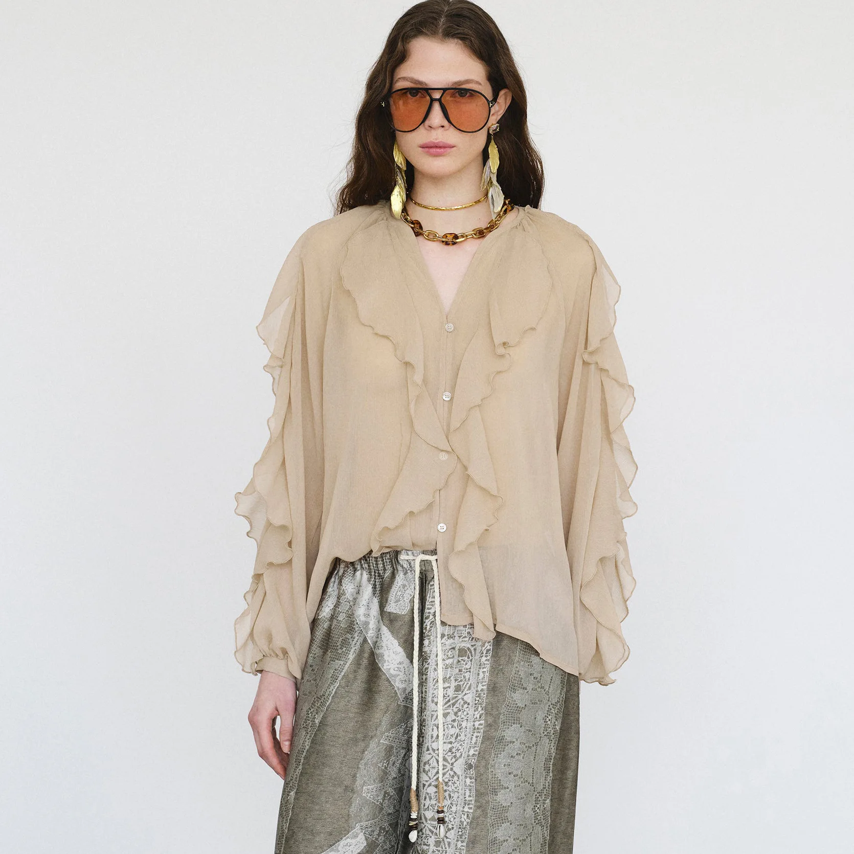 Francês high-end design cor sólida temperamento chiffon plissado borda zíper topo versátil e confortável solto camisa de manga comprida