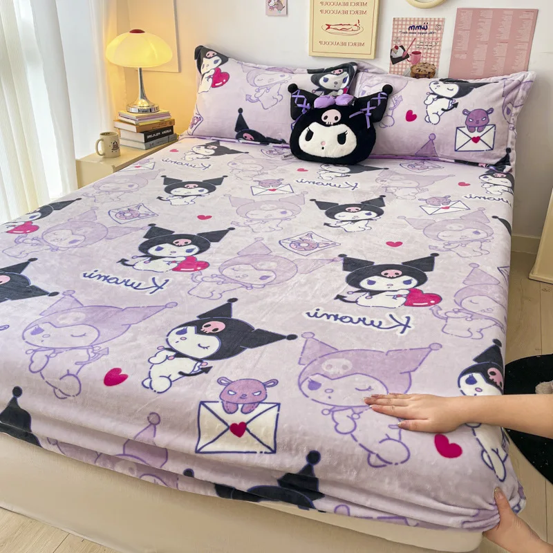 Sanrio Coral Velvet Bed Sheets Hello Kitty Cinnamoroll Kuromi Thickened Warm Bed Full Surround Protective Bedsheet Festival Gift