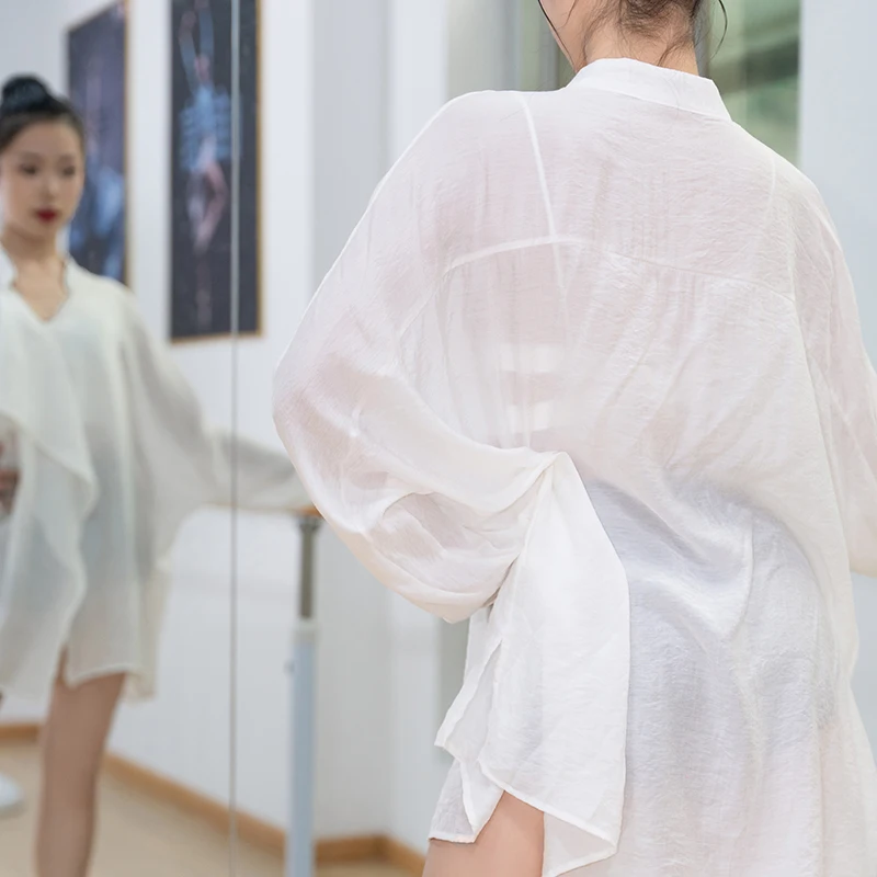 Loose Long Sve Latin Dance Practice orm Women's Adult Top V-Ne Training irt Slimming Dancewear Casual Fitn