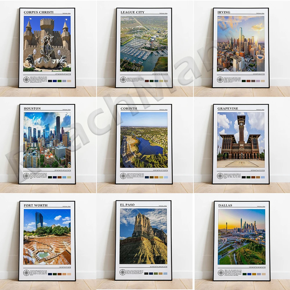 Collins, Corpus Christi, Dallas, El Paso, Fort Worth, Vines, Houston, McCarran Poster, Texas USA Travel Poster Canvas Print