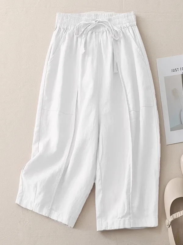 Pantalones informales de pierna ancha para mujer, pantalones holgados de verano con cintura elástica, mosaico 3D de algodón y lino, pantalones de calabaza de siete cuartos