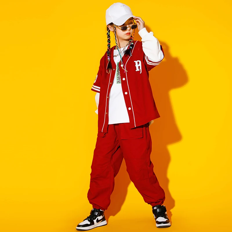 Kids Hip Hop Clothing Red Baseball Cardigan Shirt Cargo Pants For Girl Boy Ballroom Jazz Dance Costume Clothes Wear