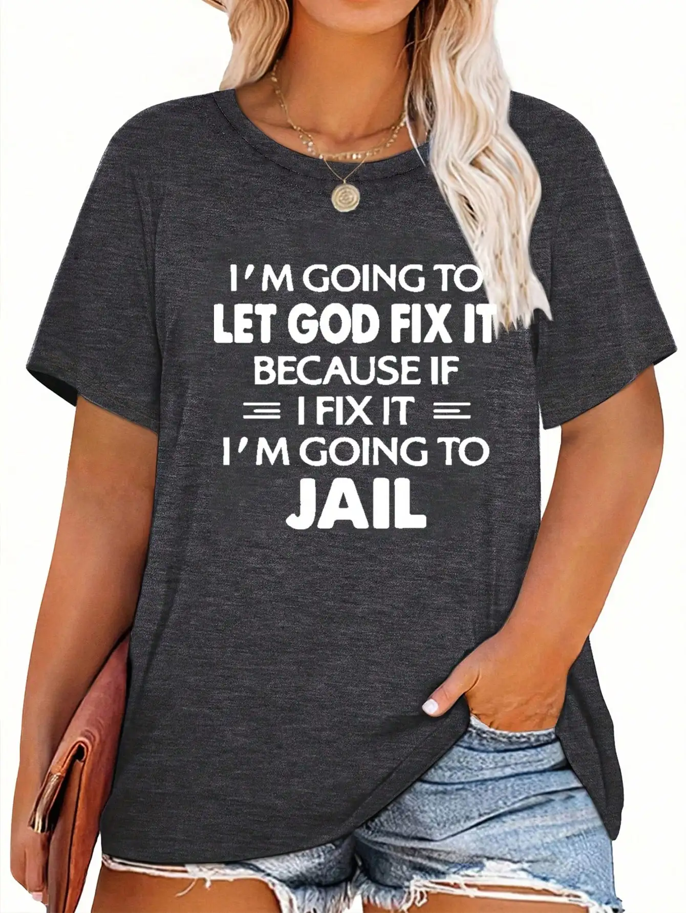Casual loose plus size women's style - round neck slogan printed solid color short sleeved T-shirt top suitable for daily travel view 5
